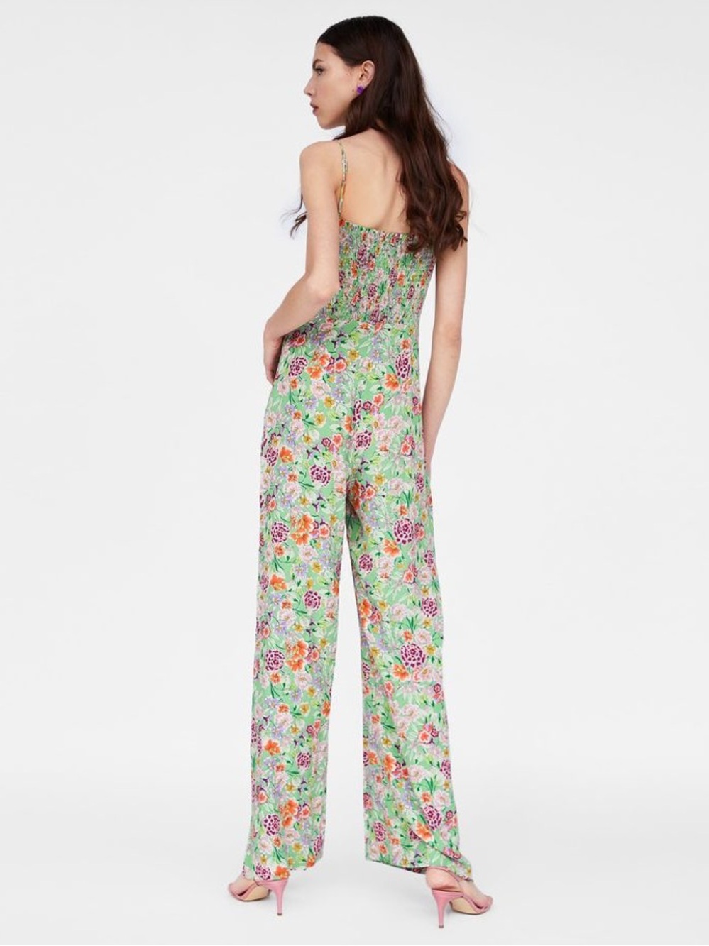 Zara Women Green Floral Smocked Jumpsuit Size M